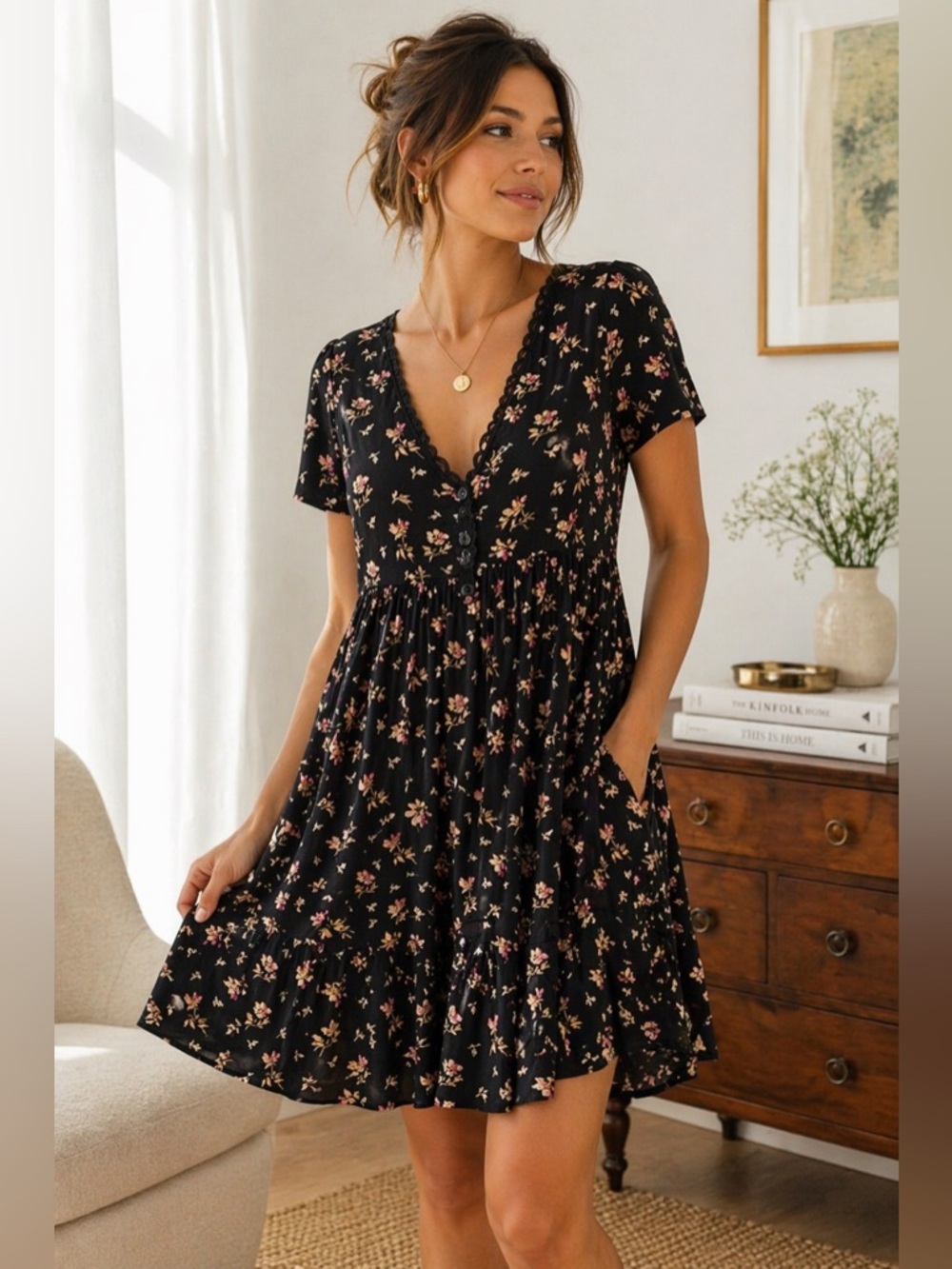 Denim & Supply Ralph Lauren Black Floral Babydoll Dress XS